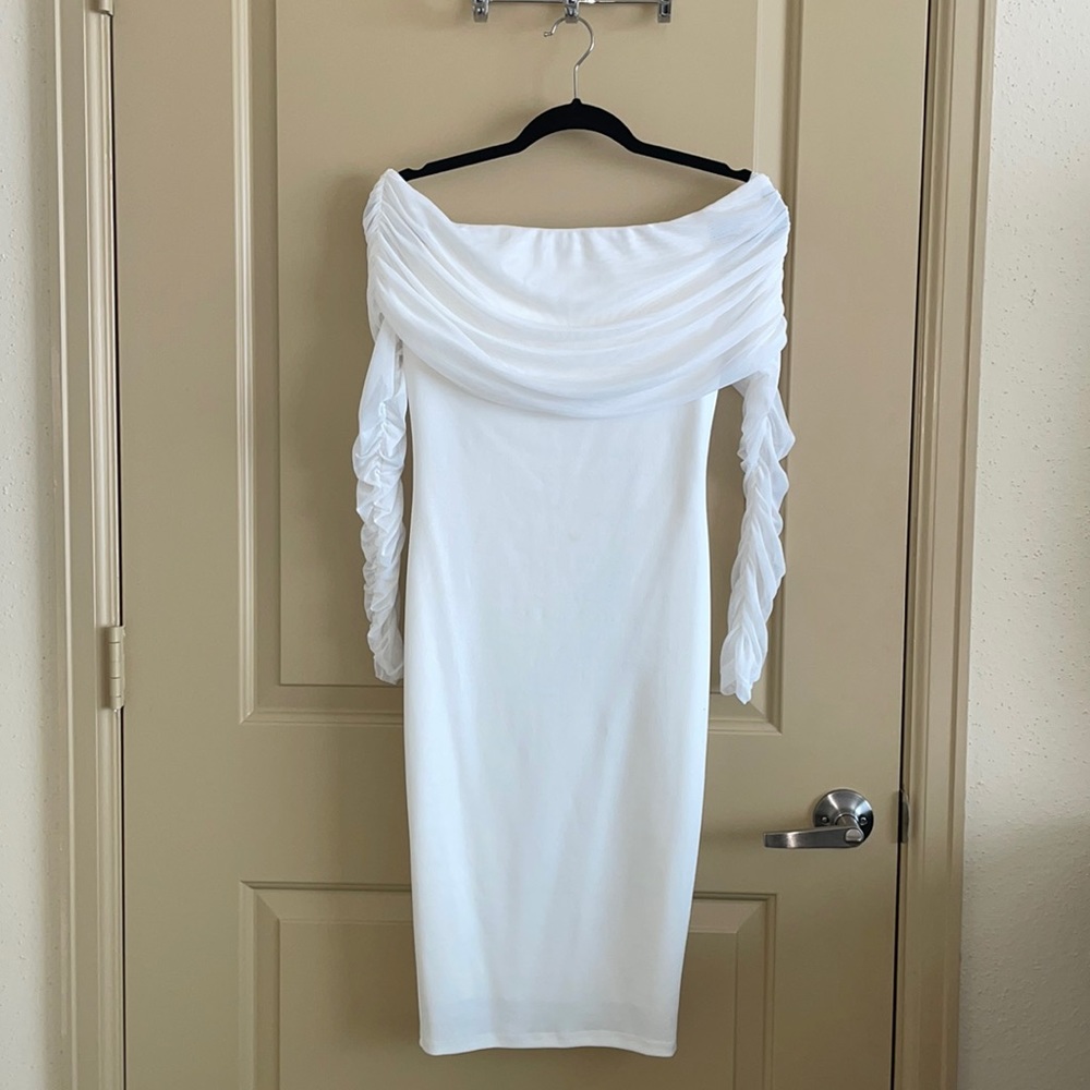 Fashion Nova White Off the Shoulders Midi Dress.